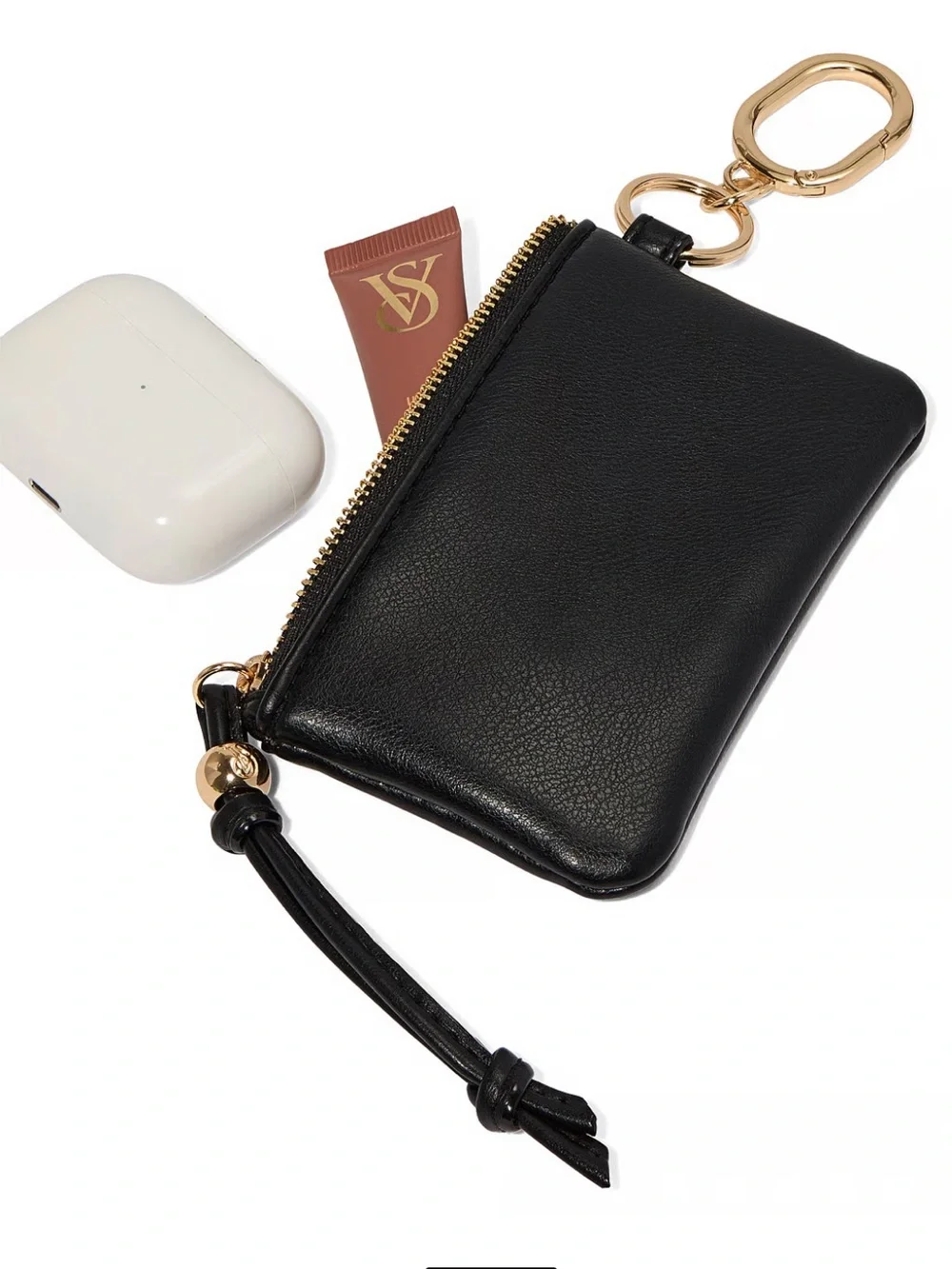 Victoria’s Secret Black Leather Keychain Zip Coin Purse Pouch with Gold Hardware